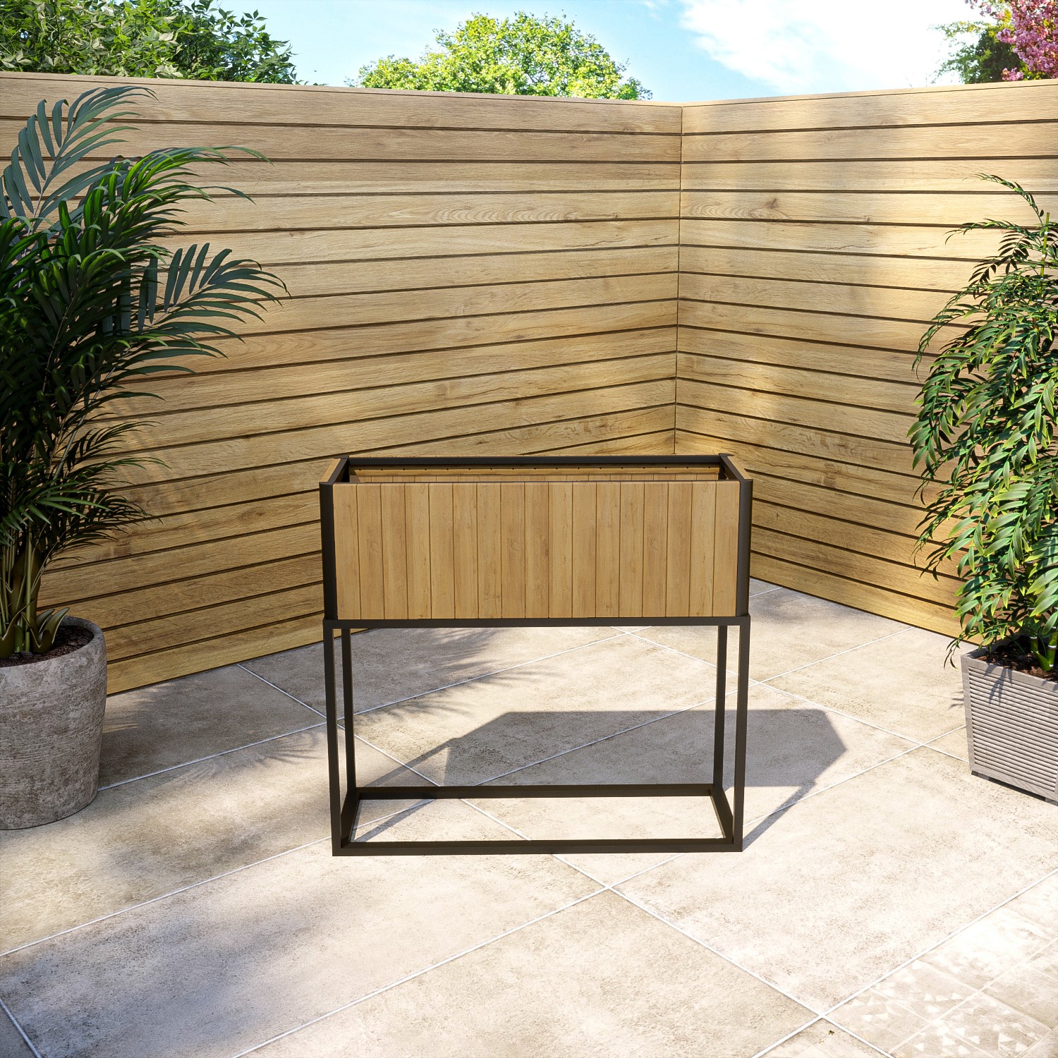 Read more about Rectangular wooden garden planter with metal base 90 x 85cm como